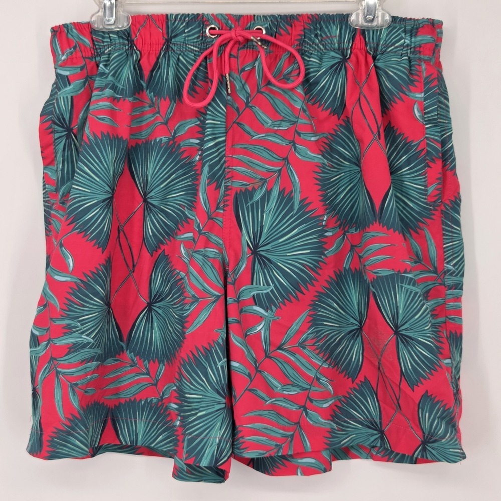 Cove Swim Trunks Men's XL Red Tropical Palm Lined‎ Swim Shorts Drawstring 7"